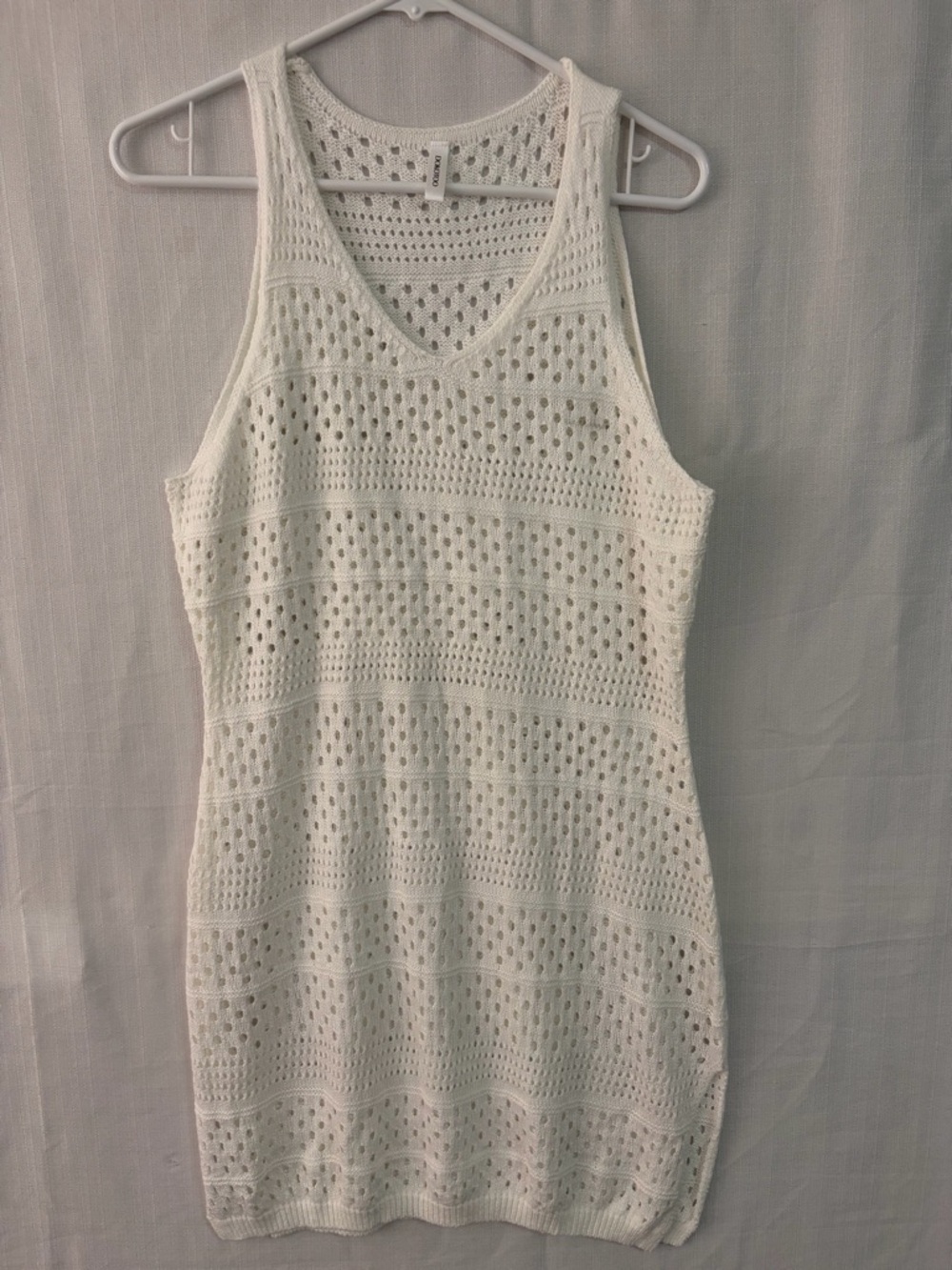 Dokotoo White Knit Cover Up Sleeveless Boho Tunic Beach Dress women’s L(A564)